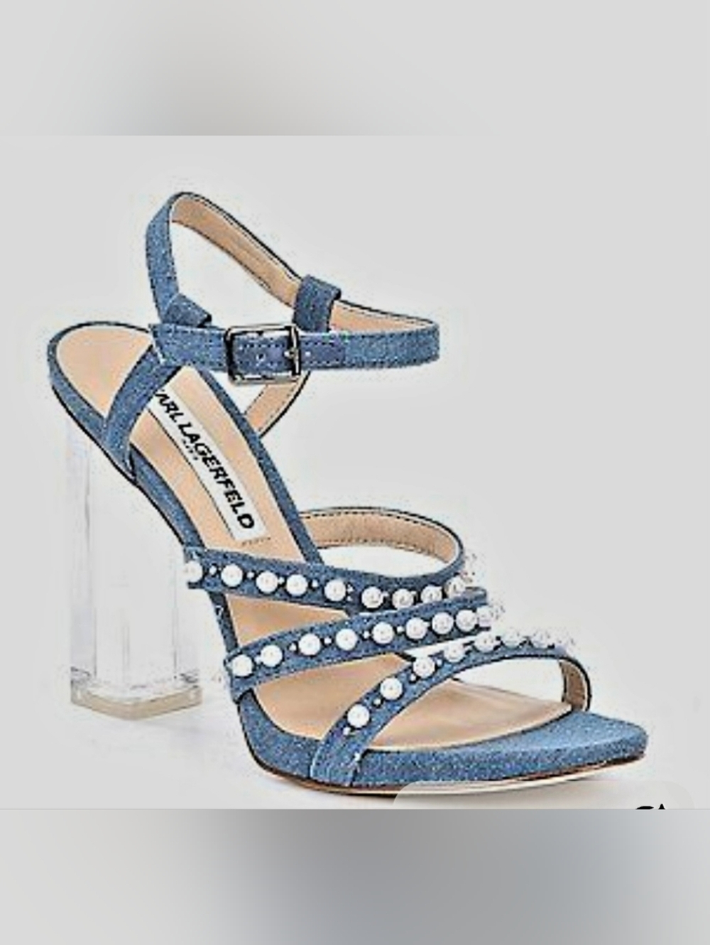 Karl Lagerfeld Denim Blue Pearl-Strap Clear Block Heel Sandal